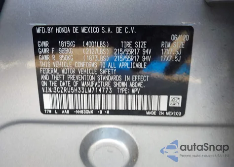 2020 Honda Hr-V 2Wd Lx from USA, damaged, VIN 3CZRU5H33LM714773